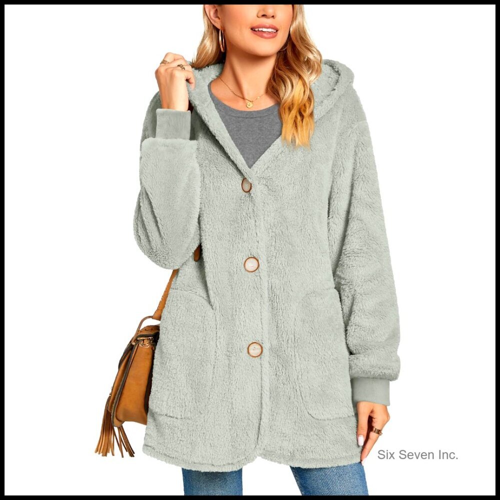 Fuzzy Fleece Hooded Jacket Cozy Oversized Cardigan Sweater with Pockets Casual